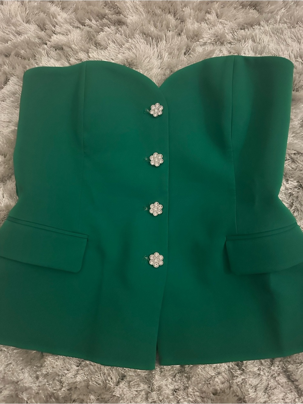 Zara Emerald Strapless Peplum top with Floral Jewel Buttons